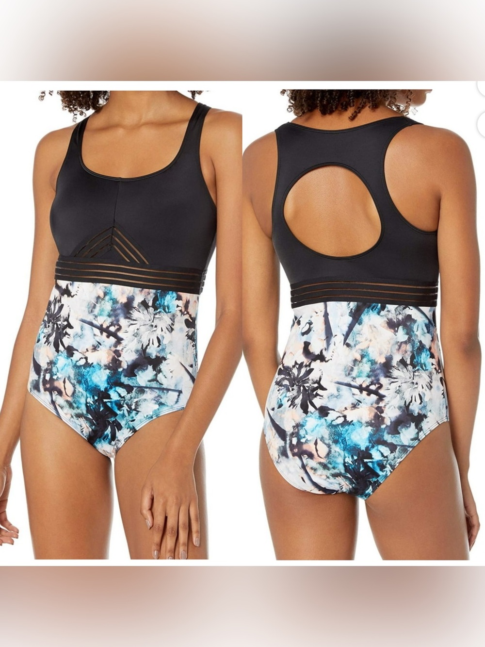 Roxy Medium Black Watercolor Print Racerback Sporty One-Piece Swimsuit